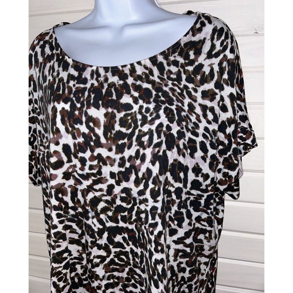 CABI #3404 Sz MEDIUM Brown Black Leopard Boxy Knit Tee Top Pullover EUC